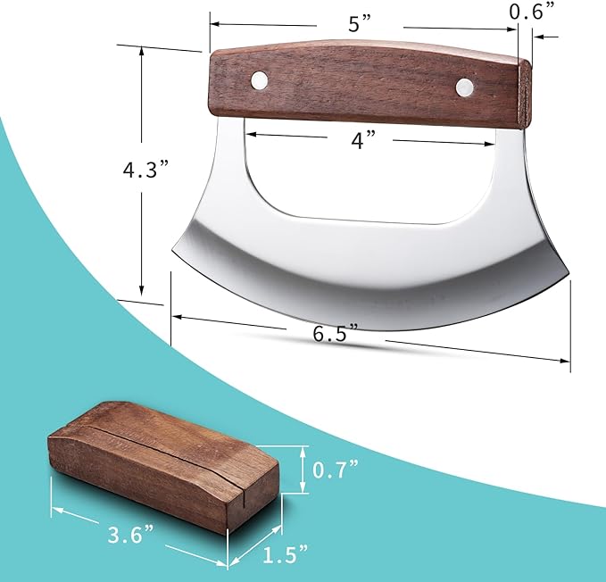 Ulu Knife - Sharp Rocker Mezzaluna Knife with Stand for Cutter Pizza, Meat, Vegetables, Herb, Salad, Stainless Steel Blade, Walnut Wood Handle, Kitchen Essentials Accessories and Gadgets Tools - Bloomnest