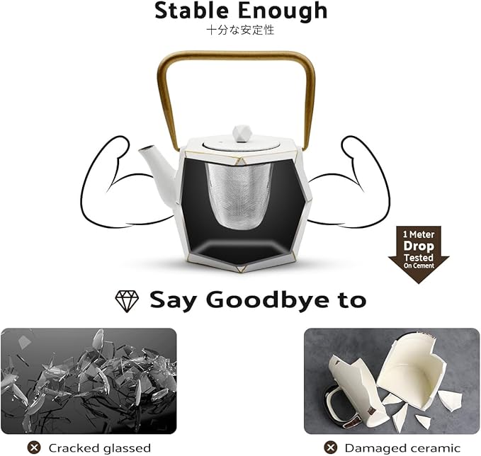 Toptier Cast Iron Teapot, Stovetop Safe Japanese Cast Iron Tea Kettle, Diamond Design Tea Pot with Removable Infuser for Loose Tea, 30 Ounce (900 ml), White - Bloomnest