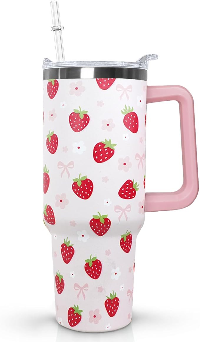Ceovfoi 40oz Strawberry Tumbler With Handle Lid and Straw,Strawberry Floral Coffee Mug Cup Water Bottles,Strawberry Themed Gifts for Women,Strawberry Decor Stuff Accessories - Bloomnest