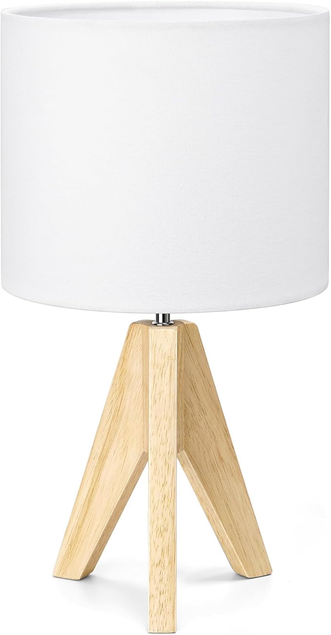 EDISHINE Small Cute Table Lamp, Wood Tripod Nightstand Lamp, Mid Century Bedside Lamp with Linen Fabric Shade for Nursery, Living Room, Bedroom, End Table, UL Listed, 14.2 Inch, ON/Off Switch - Bloomnest