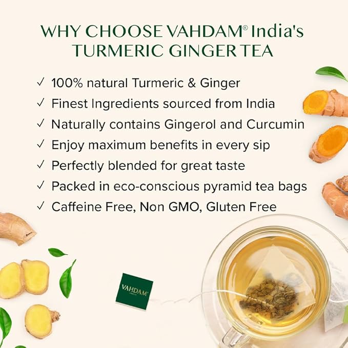 VAHDAM, Organic Turmeric Ginger Herbal Tea Bags (100 Pyramid Tea Bags) Caffeine Free, Non GMO | 100% Pure Herbal Blend - Savory & Spicy, Plant-Based Teabags | Resealable Ziplock Pouch - Bloomnest