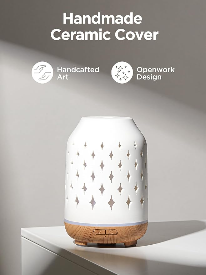 InnoGear Aromatherapy Diffuser, 150ml Ceramic Diffuser Ultrasonic Humidifier Cool Mist Essential Oil Diffusers for Home Air Diffuser with 2 Mist Modes Waterless Auto Off, White - Bloomnest
