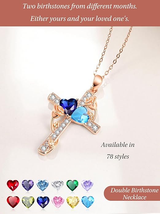 Rose Gold Dual Birthstones Cross Necklace for Women Rose Flower Jewelry Anniversary Christmas Mother's Valentine's Day Birthday Gift for Wife Girlfriend Mom - Bloomnest