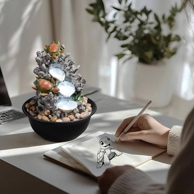 Indoor Tabletop Turtle Water Fountain with LED Light – Coastal Sea Life Desk Waterfall Feature with Soothing Sounds and River Rocks, Ocean Zen Decor for Home Office - Bloomnest