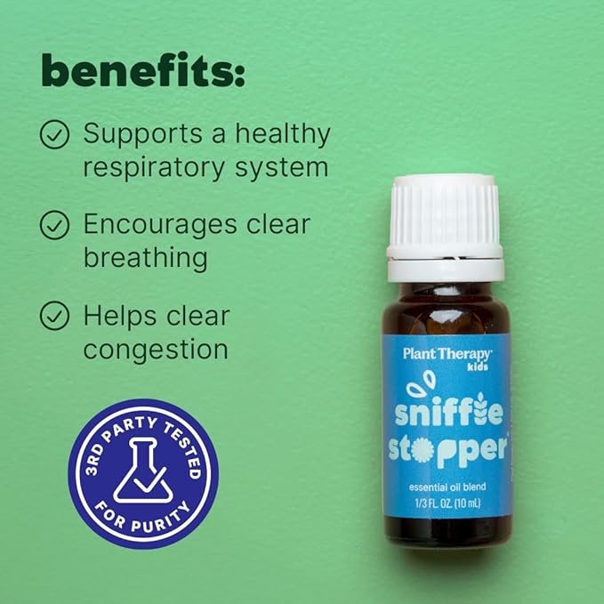Plant Therapy Kids Sniffle Stopper Essential Oil Blend, 10 mL (1/3 oz), Respiratory Support Essential Oil Blend, Helps Clear Congestion, 100% Pure, Undiluted - Bloomnest
