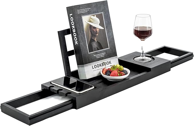 Utoplike Bamboo Bathtub Tray Black, Adjustable Bath Caddy Table for Tub, Bathroom Organizer with Book Tablet Wine Glass Cup Towel Holder - Bloomnest