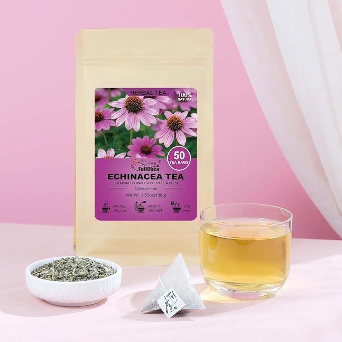 FullChea - Echinacea Tea Bags, 50 Count, 2g/bag - Premium Echinacea Purpurea Herb - Non-GMO - Caffeine-free - Aid Digestion & Boost Immunity - Bloomnest