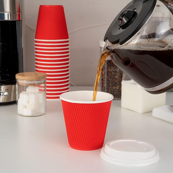 Restaurantware 8 Ounce Double Wall Disposable Coffee Cups, 500 Insulated Red Paper Tumblers with Ripple Wall Design, Lids Sold Separately for Hot Drinks like Tea, Hot Chocolate, and More - Bloomnest