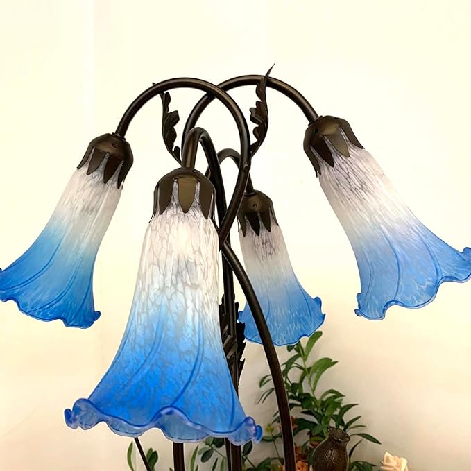 Bieye L10854 Lily Flower Blown Glass Accent Table Lamp for Living Room Bedroom Decoration (4-Light, Blue) - Bloomnest
