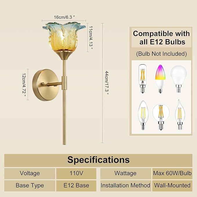 2 Pack Gold Wall Sconce with Modern Flower Glass Shades, Modern Mid Century Bathroom Vanity Wall Light Fixtures, Industrial Brushed Brass Wall Lamp, for Bedroom Mirror Living Room, ETL Listed - Bloomnest