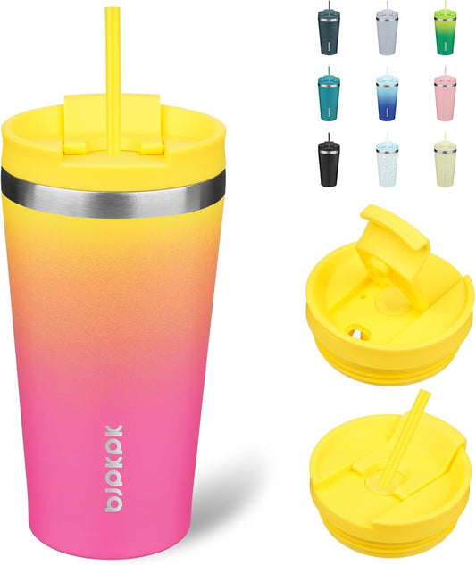 BJPKPK 18oz Stainless Steel Insulated Tumbler With lid And Straw Travel Coffee Thermal Tumblers Cup For Women And Men,Pink Yellow Rose
