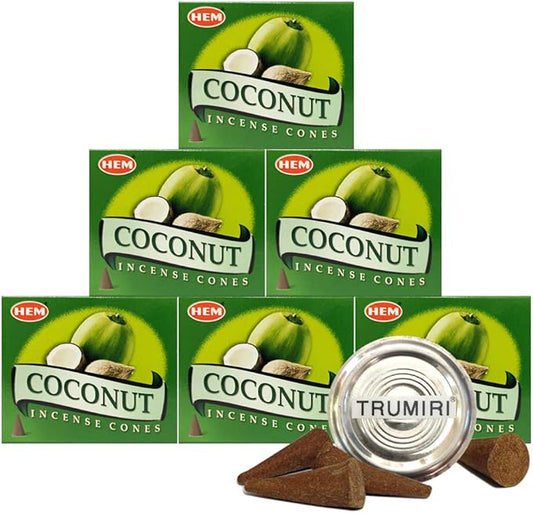 Trumiri Incense Cone Holder Bundle with Hem Coconut Incense Cones - Pack of 6 (Approx 60 Cones) TRUMIRI