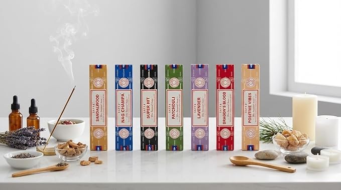 Satya Incense Gift Set Nag Champa, Super hit, Dragon's Blood, Sandalwood, Patchouli, Lavender, Positive Vibes, 15 g Satya