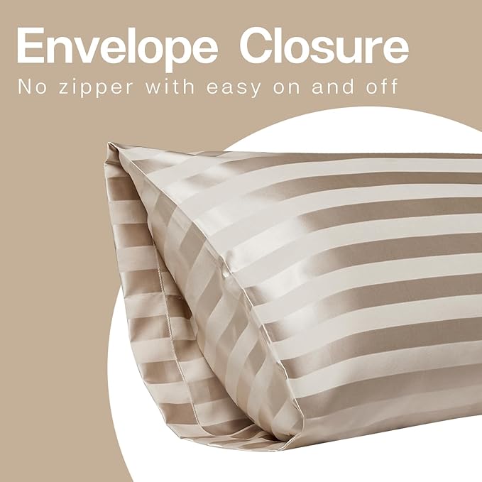 MR&HM Satin Body Pillow Cover, Soft and Breathable Body Pillow Case with Envelope Closure, Cooling and Silky Long Pillowcase for Hair and Skin,Grey (20x54, Champagne Striped) - Bloomnest