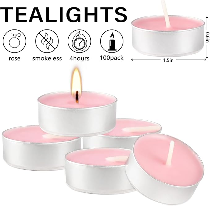Pink Rose Scented Tealight Candles - 4 Hours - Giant 100 Bulk Packs - Smokeless Tea Lights for Valentine's Day, Weddings, Christmas, Home Decorative - Bloomnest