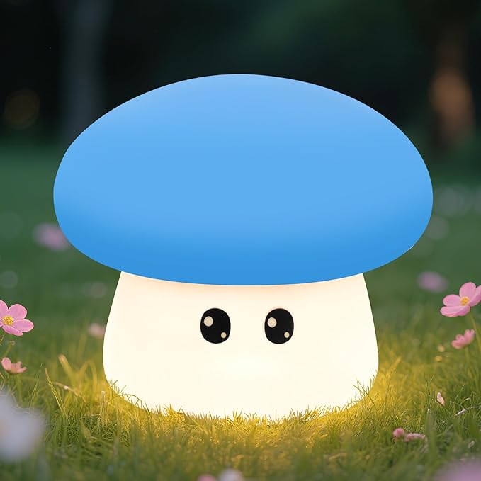 Squishy Big Eyes Mushroom Night Light with RGB Mode 3 Brightness Adjustable Nursery Breastfeeding Nightlight Cute LED Blue Mushroom Lamp Rechargeable Silicone Touch Bedside Lamp for Bedroom Dorm Decor - Bloomnest