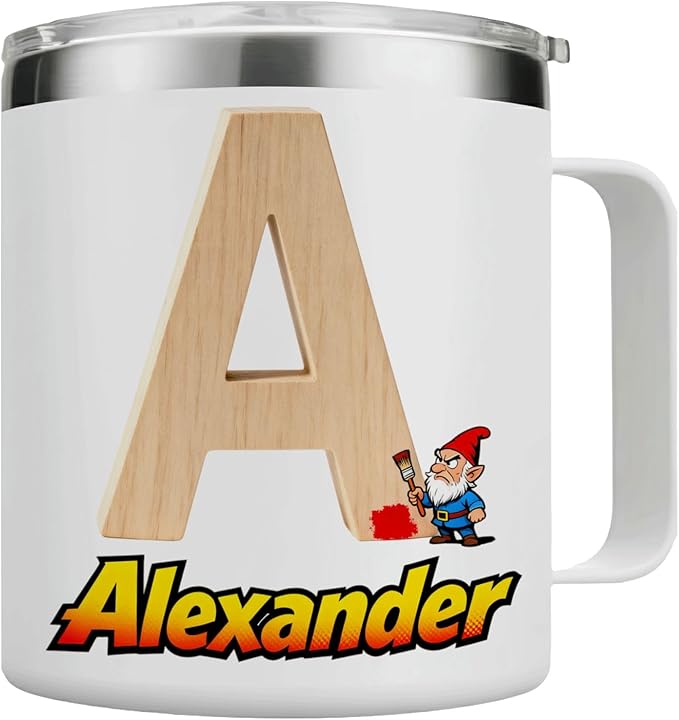 Personalized Gnome Mug with Name and Initial - Funny 12oz Insulated Stainless Steel Coffee Cup Tumbler with Handle & Lid - Custom Gifts for Boys, Kids - Wood Texture Monogram (B152) - Bloomnest