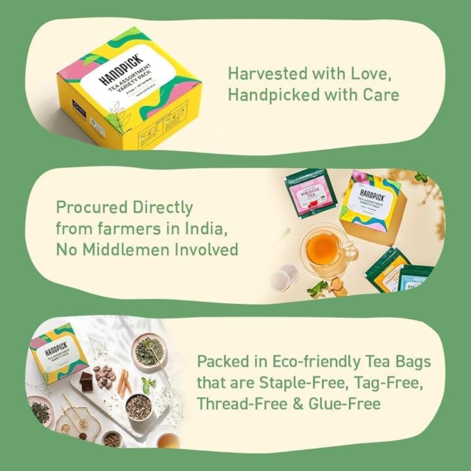 HANDPICK, Tea Bags Sampler Assortment Variety pack Gift Box 8 Flavors, 40 Tea Bags - Perfect Variety | English Breakfast, Green, Black, Herbal & More | Gifts for Him/Her - Bloomnest