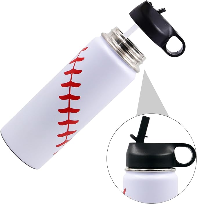 18 oz Baseball Water Bottle, Sports Flask Metal Travel Tumbler with 2 Lids, Stainless Steel Double Wall Vacuum Insulated Leak Proof Thermo Water Bottles, Baseball Accessories Gifts for Mom Boys Girls - Bloomnest