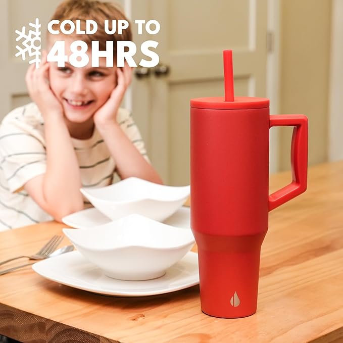 Elemental 40 oz Tumbler with Handle and Straw - Spill Proof Insulated Stainless Steel Commuter for Hot and Cold Beverages - Travel Coffee Mug with 2 Straws & Spill Proof Lid - 40oz - Red - Bloomnest