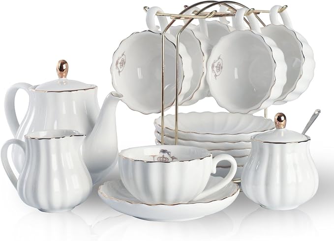 Porcelain Tea Sets British Royal Series, 8 OZ Cups& Saucer Service for 6, with Teapot Sugar Bowl Cream Pitcher Teaspoons and tea strainer for Tea/Coffee, Pukka Home (Pure White) - Bloomnest