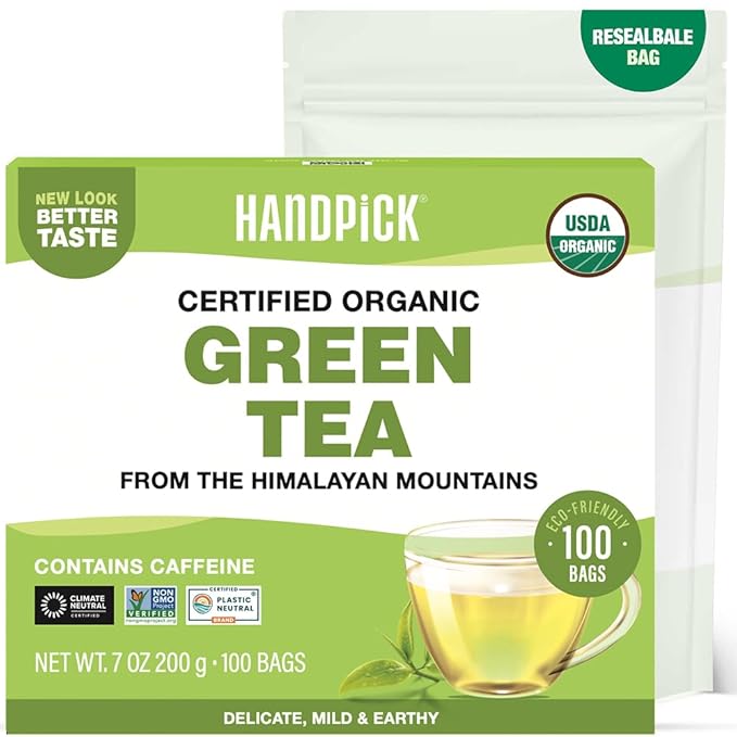 HANDPICK, Organic Green Tea Bags - 100 Eco-Friendly Tea Bags | USDA Organic | Resealable Pack for Freshness | Delicate & Flavory | Direct From India - Bloomnest