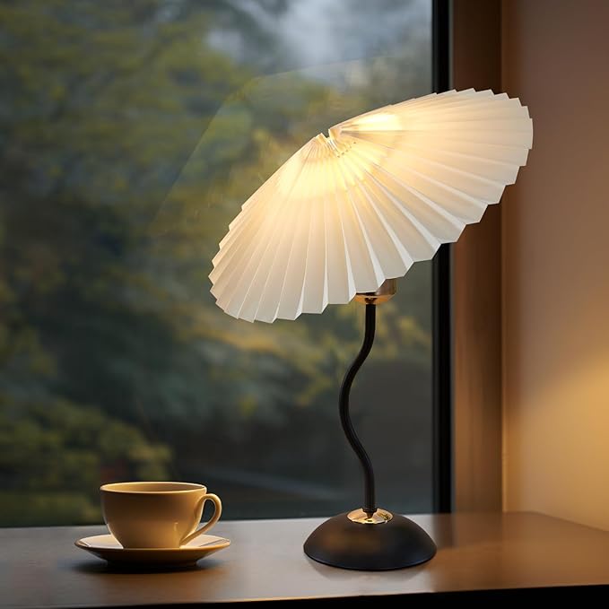 Arts Bedside Table Lamp for Bedroom, Cute Small Pleated Lamps for Nightstand, Vintage Lamp with Umbrella Shade, Decor Desk Reading Lamps for Living Room Kids Room Dorm Office with E26 LED Bulb - Bloomnest