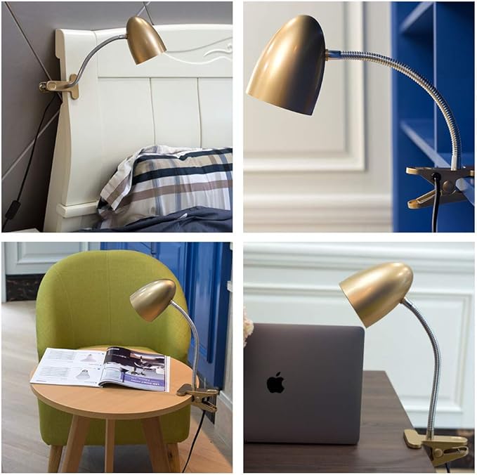 Energetic Clip on Lamp for Bed, Non-Dimmable Reading Light for Bed and Desk, 4000K Cool White, 3.5W 240 LM Flexible Gooseneck lamp, Eye Protection, ETL Listed, Gold - Bloomnest