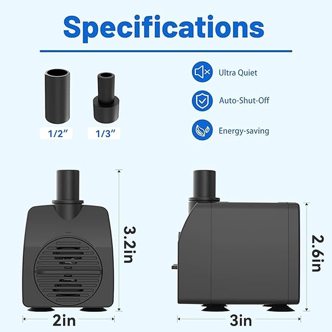 Submersible Pump 200GPH with AUTO-Shut-Off 5.2ft High Lift for Fountains, Hydroponics, Ponds, Aquariums & More - Bloomnest