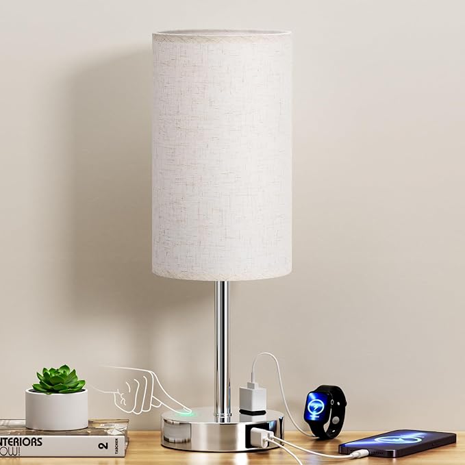 17.4Inch Bedside Touch Table Lamps for Bedroom Nightstand with USB-C USB-A Charging Ports White - 3 Way Dimmable Control Small Lamp Fabric Shade Silver Base for Office, Dorm Room, Living Room, Reading - Bloomnest