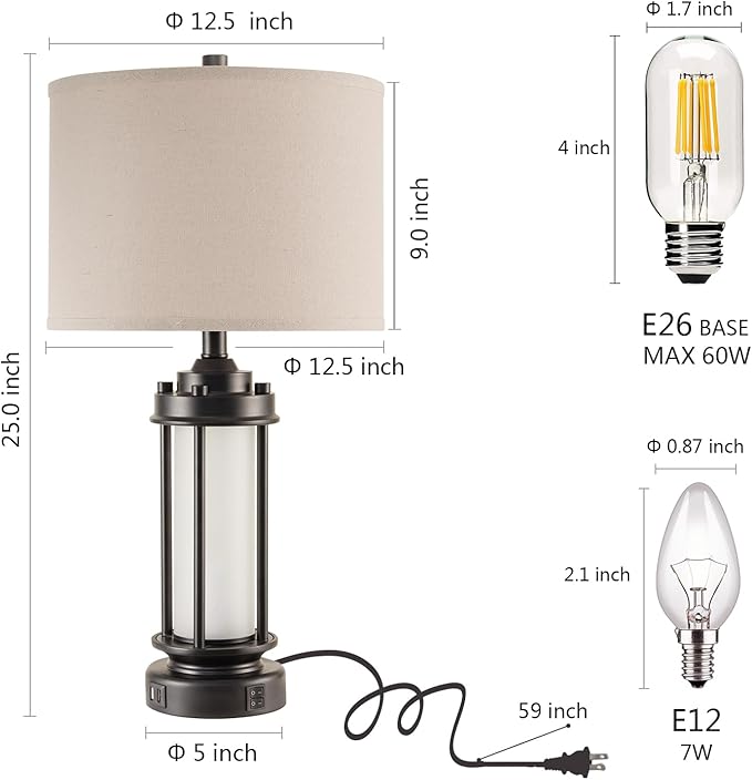 Set of 2 Modern Table Lamps for Living Room Bedroom, 25'' Black Retro Industrial Metal Lamp with Glass Nightlight, Contemporary Desk Lamp for Bedside End Table Office, 4 Bulbs Included - Bloomnest