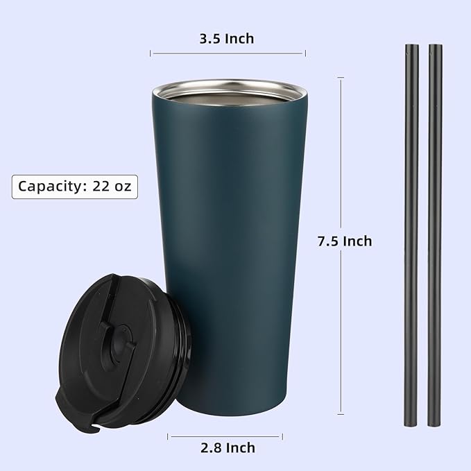 22 OZ Insulated Tumbler with Lid and 2 Straws Stainless Steel Water Bottle Vacuum Travel Mug Coffee Cup,Navy Blue - Bloomnest