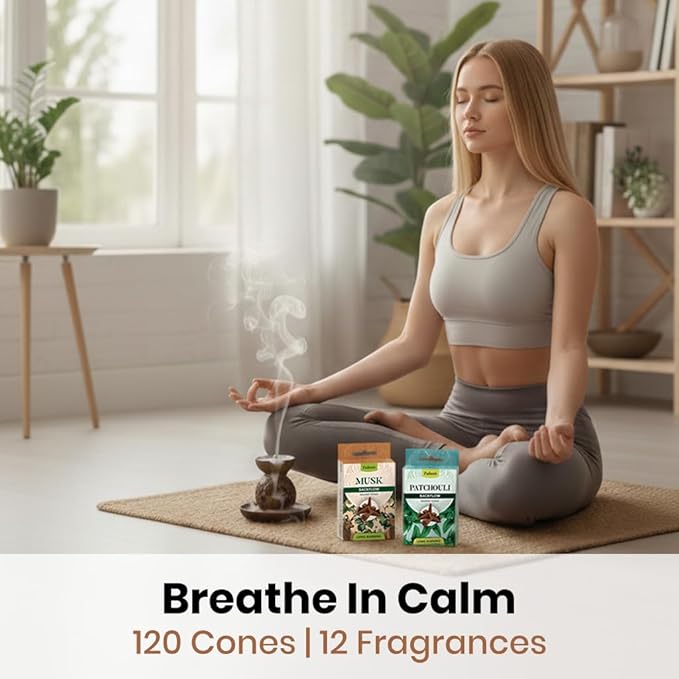 Tulasi Backflow Incense Cones with Natural Oils, Scents Set of 12 Fragrances (120 Cones) Calming Home Aromatherapy, Yoga, Meditation, Relaxing, Mixed Scents with Natural Oils