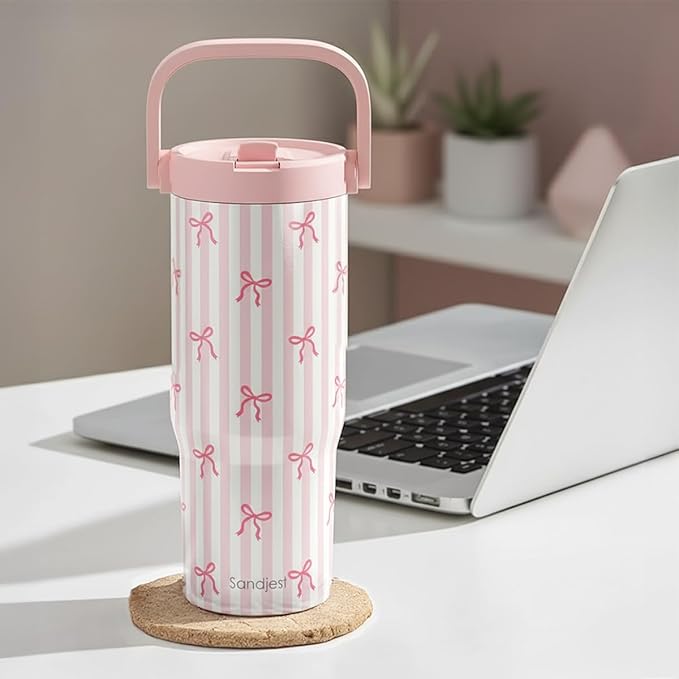 SANDJEST Bow Stainless Steel Straw Lid Tumbler 30oz with Carry Handle for Women Girls, Aesthetic Insulated Travel Coffee Cup, Gift for Sports Workout Christmas Birthday - Bloomnest