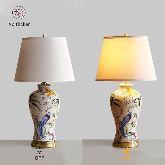 White Flower & Bird Ceramic Table Lamp,Hand-Painted Chinoiserie Lamp, Fabric Lampshade Nightstand Lamp for Bedroom Living Room Office College Bookcase - Bloomnest