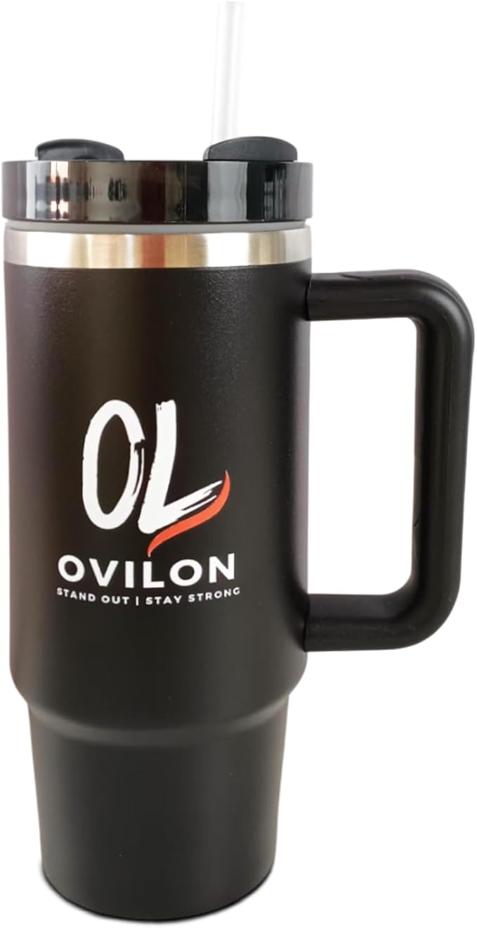 Ovilon Premium Travel Tumbler with Handle – Insulated Hot & Cold Drink Cup, Easy Grip, Leak-Proof Lid, Stainless Steel Mug (Black, 30oz) - Bloomnest