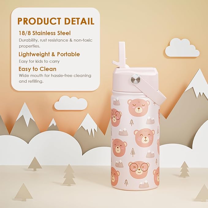 SANDJEST Bear Kids Water Bottle With Straw Lid 12oz Insulated Stainless Steel, Travel Tumbler, Bear Gifts For Boys Girls, Birthday, Christmas, Back To School - Bloomnest