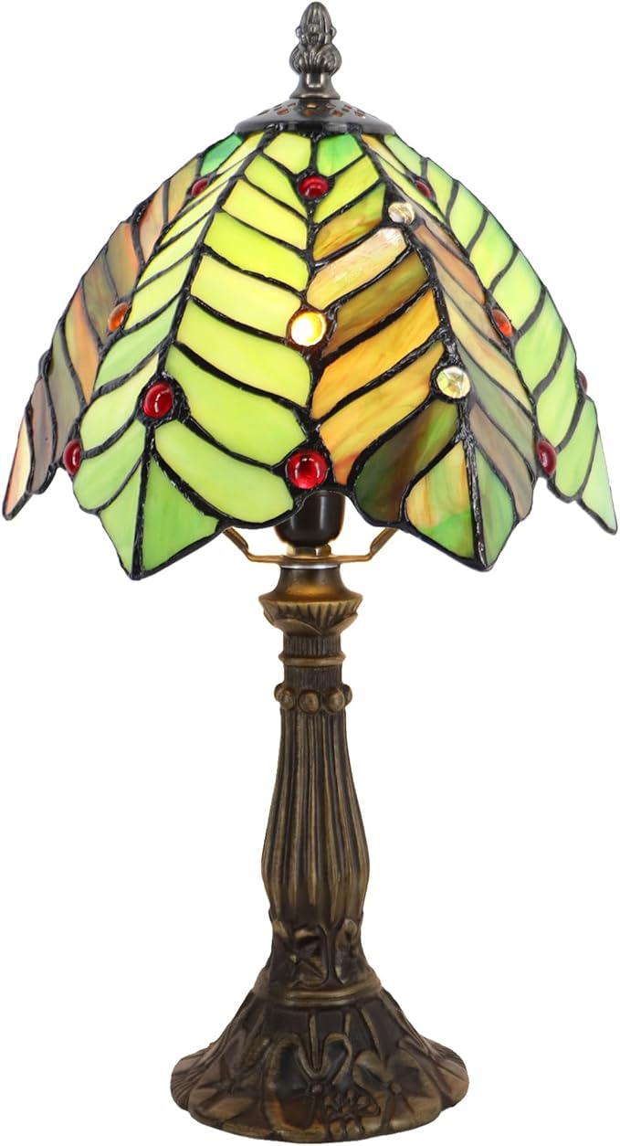 Small Tiffany Lamp Mini Accent Table Lamp Stained Glass Desk Memory Lamp Sympathy 8X14.5 Inch (Brown Green Leaf) - Bloomnest