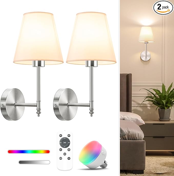 NIORSUN 14.5 inch Battery Operated Wall Sconce Set of 2,Brushed Nickel Rechargeable Wall Lights with 5200mAh Dimmable Bulbs and Remote,9 Colors Wireless Sconces for Bedroom Living Room Decor - Bloomnest