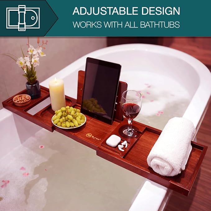 Bathtub Tray & Bath Tray for Tub – Expandable Bamboo Bath tub Tray, Bathtub Caddy, Adjustable Foldable Waterproof Bath Trays for tub with Phone, Wine Glass, Book & Tab Holder (Free Soap Dish) - Bloomnest