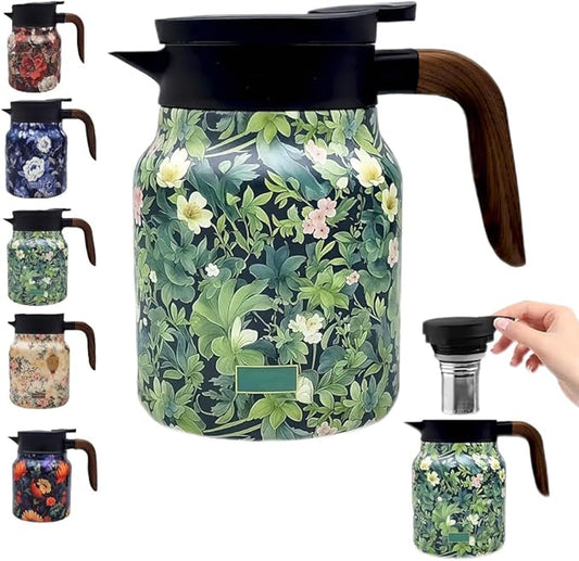 Vintage Floral Pattern Teapot – Built-in Infuser,Vintage Floral Tea Pot with Built in Infuser Stainless Steel Thermal Carafe with Lid for Hot Drinks(Wooden handle,35oz)