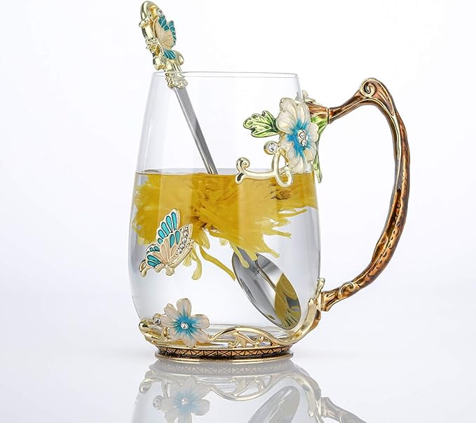 Luka Tech Enamel Butterfly flower Glass Mug with Spoon, Gifts For Women Wife Mom Friends Birthday Mothers Valentines Day Christmas (Blue-Tal) - Bloomnest
