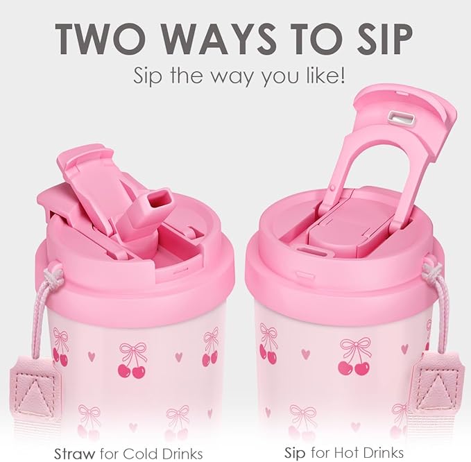 Cherry Tumbler - Stainless Steel 2-in-1 Lid Coffee Tumbler 18 oz, Insulated Travel Mug Gift for Women Girls Teen Mother, Birthday Christmas - Bloomnest
