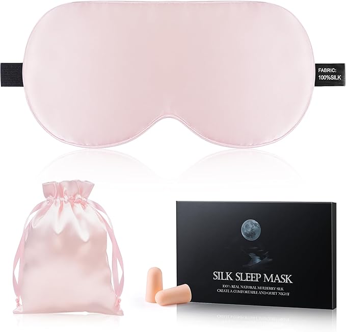 Silk Sleep Mask Eye Cover, 100% Mulberry Silk Women Men Eye Mask for Sleeping Blackout with Adjustable Straps, No Pressure Soft Blindfold Night Eye Shade, Eyemasks for Travel (Pink)