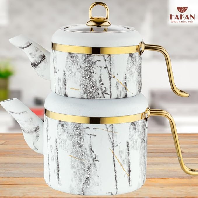 Hakan Melody Turkish Tea Pot Set | 3.5 L Tea Kettles for Stovetop with Stainless Steel Handless and Glass Lid | Aluminum Body Tea Maker | Double Stovetop Kettles with Granite Cover, White 3.6 qt - Bloomnest