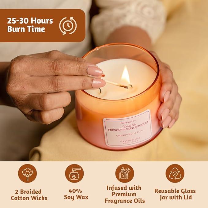 Folkulture Scented Candle | 8.81 Oz - Cherry Blossom Candles for Home Scented | Soy Candle or Non Toxic Candles for Relaxing | Long Lasting Pink Candle for Relaxation Gifts for Women - Bloomnest
