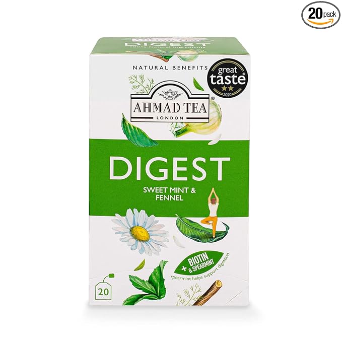 Ahmad Tea Herbal Tea, Sweet Mint, Fennel & Biotin 'Digest' Natural Benefits Teabags, 20 ct (Pack of 1) - Decaffeinated & Sugar-Free - Bloomnest