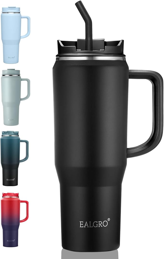 40 oz Tumbler with Handle, Insulated Tumblers with Lid and Straw, Large Metal Sports Water Bottle Jug, Thermal Stainless Steel Travel Coffee Mug Cup, Black - Bloomnest