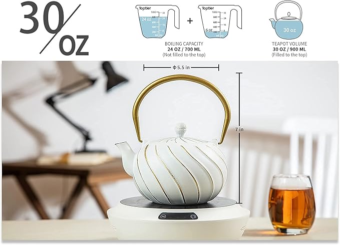 Tea Kettle, TOPTIER Japanese Cast Iron Teapot with Stainless Steel Infuser, Cast Iron Tea Kettle Stovetop Safe, Wave Design Tea Pot Coated with Enameled Interior for 30 Ounce (900 ml), White - Bloomnest