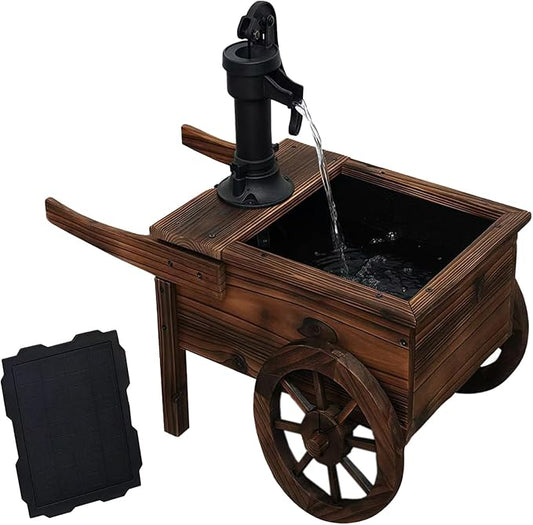 Carbonized Wood Outdoor Freestanding Fountain - Movable Vintage Hand Pump Cart, Solar-Powered Electric Decorative Water Feature for Patio, Garden & Indoor Decoration - Bloomnest
